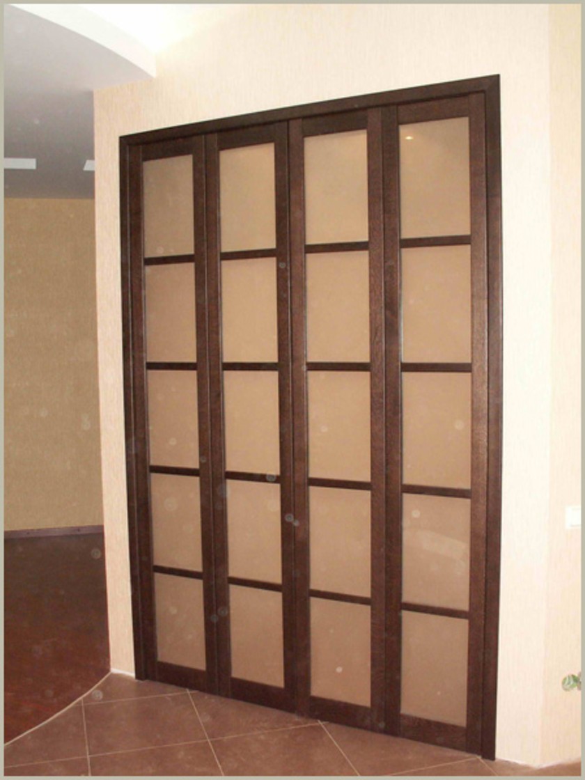 Двери гармошка с матовым стеклом и накладными разделителями Омск
