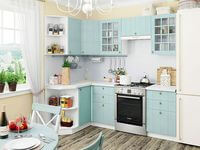 Небольшая угловая кухня в голубом и белом цвете Омск